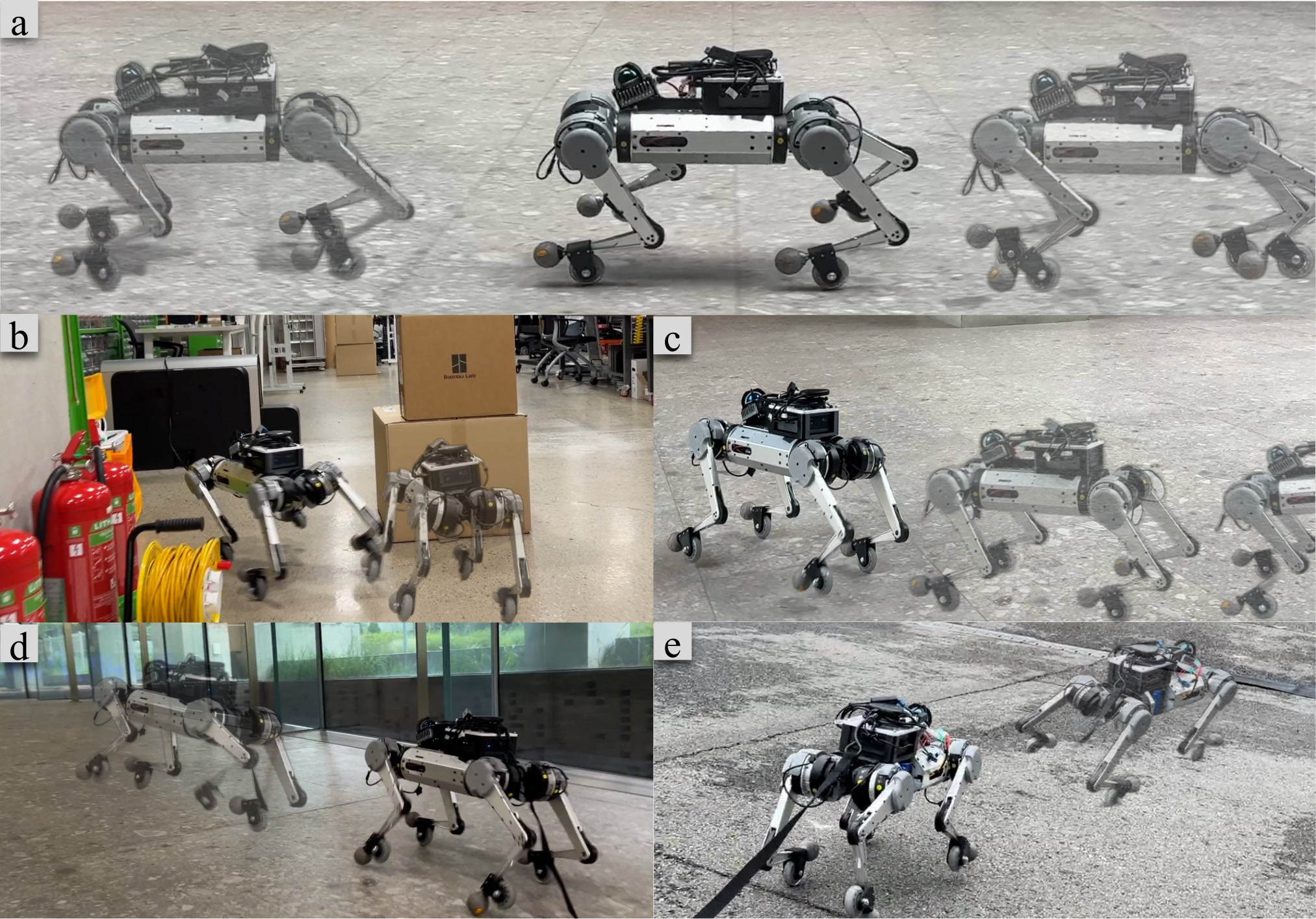 Snapshots of the passive-wheel quadruped gliding, avoiding obstacles in a cluttered passage, adjusting heading, and traversing uphill and downhill slopes.