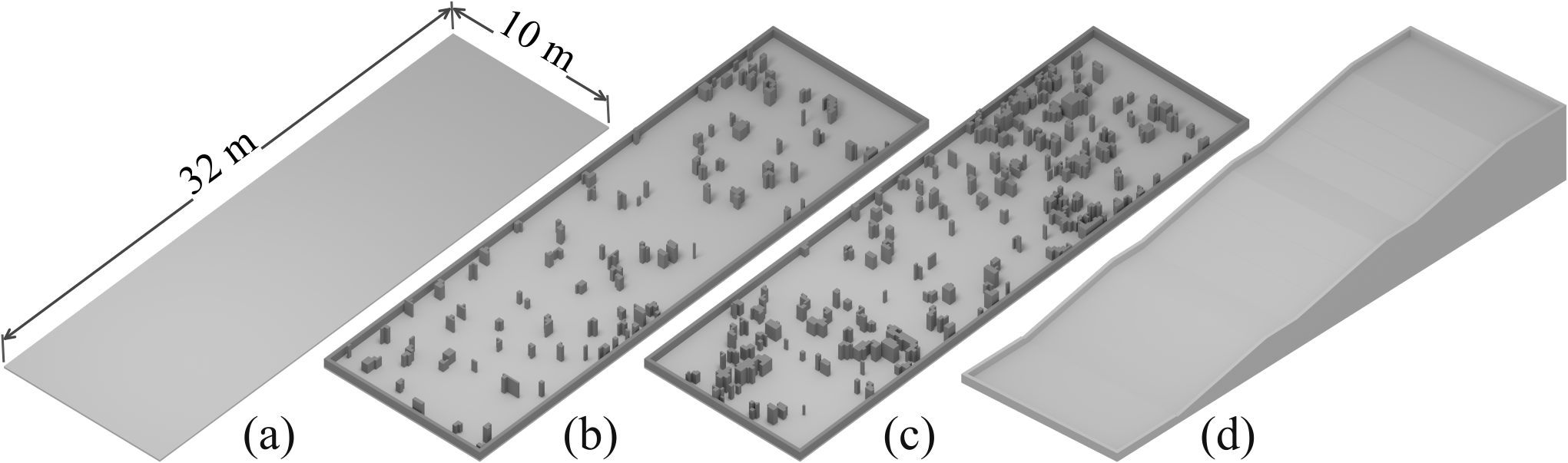 The four simulated benchmark terrains: flat ground, two BARN obstacle layouts, and a 15-degree slope.